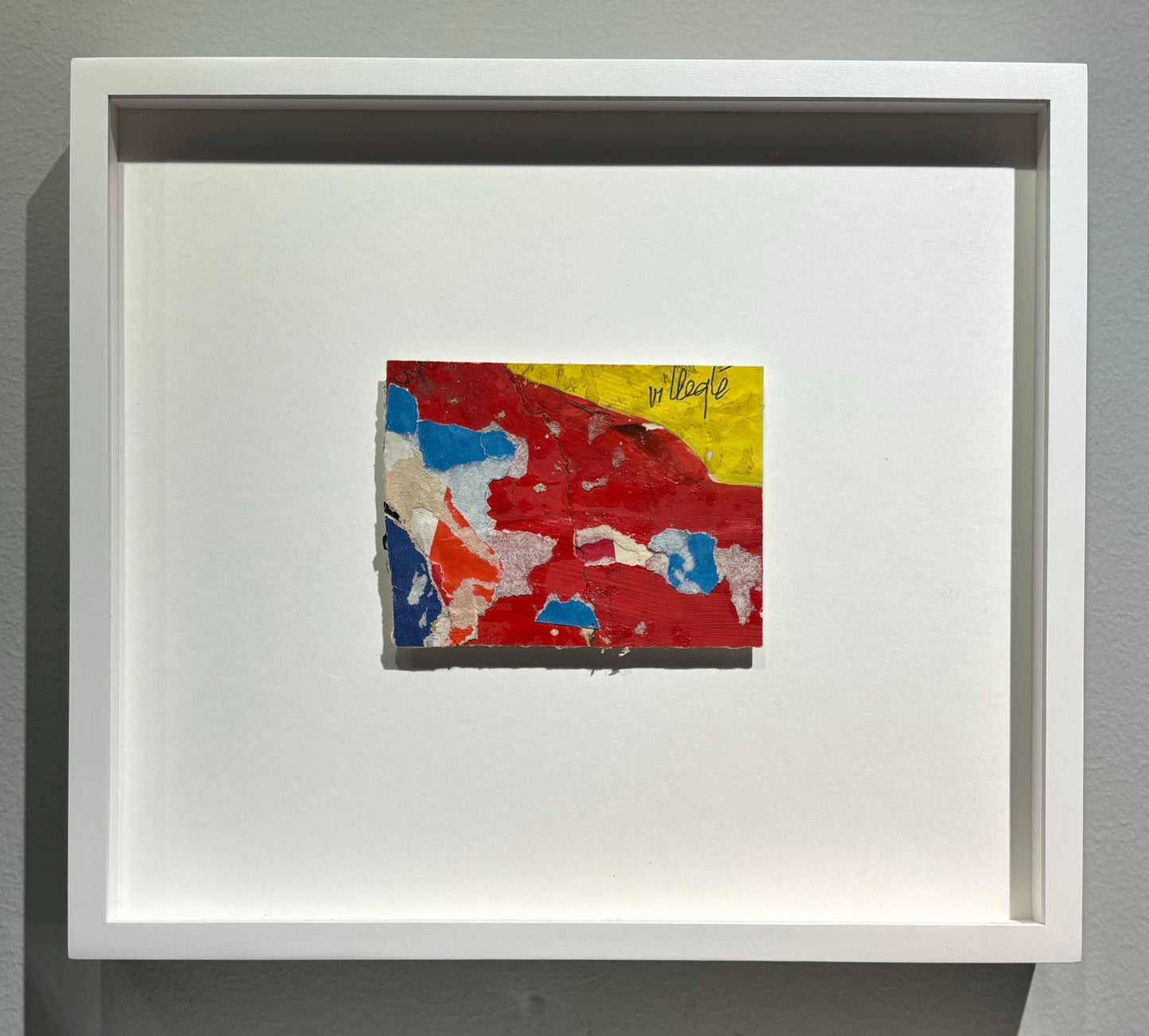 Untitled (1963) by Jacques Villeglé – Décollage artwork, signed top right. Framed view showing the artwork within its elegant frame. The piece highlights Villeglé's distinctive method of using torn posters to create abstract compositions, reflecting the urban environment.