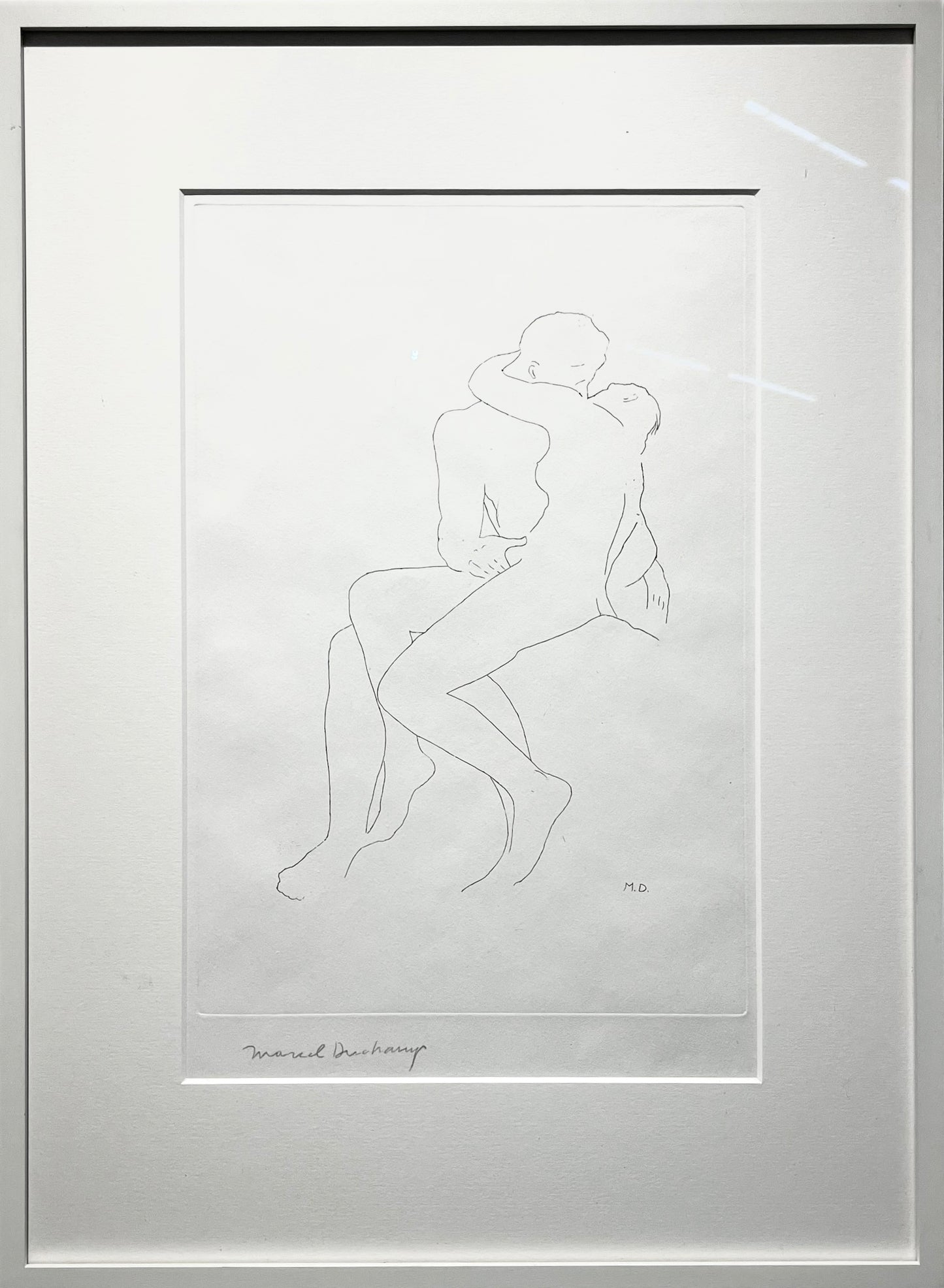 Selected details after Rodin (1967) by Marcel Duchamp – A close-up of a signed etching, showing detailed line work. The composition is a reimagined version of Rodin's sculptures, illustrating Duchamp’s ability to deconstruct and transform traditional representations in art.