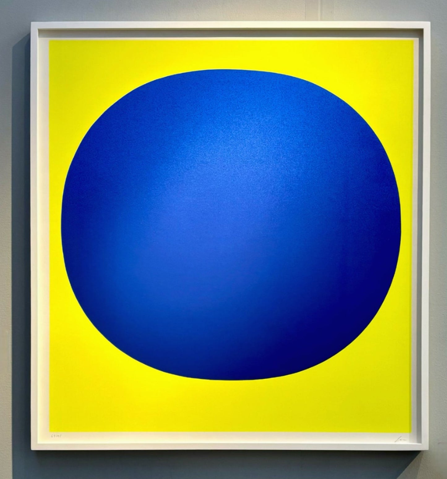 Kreiskomposition - blau/gelb (1969) by Rupprecht Geiger – A signed and numbered silkscreen on cardboard, measuring 71 × 66 cm. The piece features a vibrant interplay of blue and yellow circular forms, exemplifying Geiger’s use of color contrast and geometric abstraction.