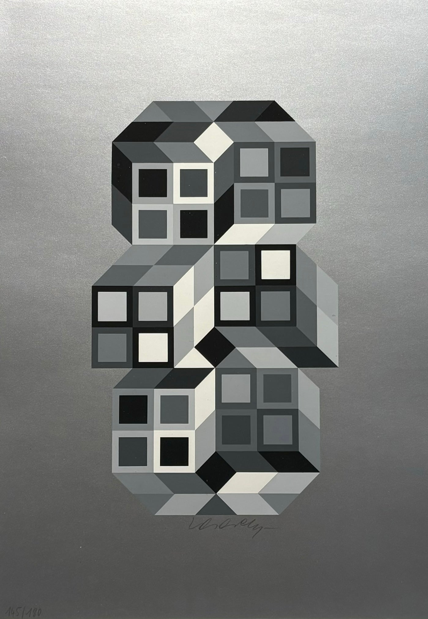 Composition Silver (1980) by Victor Vasarely – A signed and unframed screenprint, showcasing the artist's signature geometric forms in silver tones. The work exemplifies Vasarely's ability to create optical effects through precise patterns and contrast, drawing the viewer’s eye across the surface.