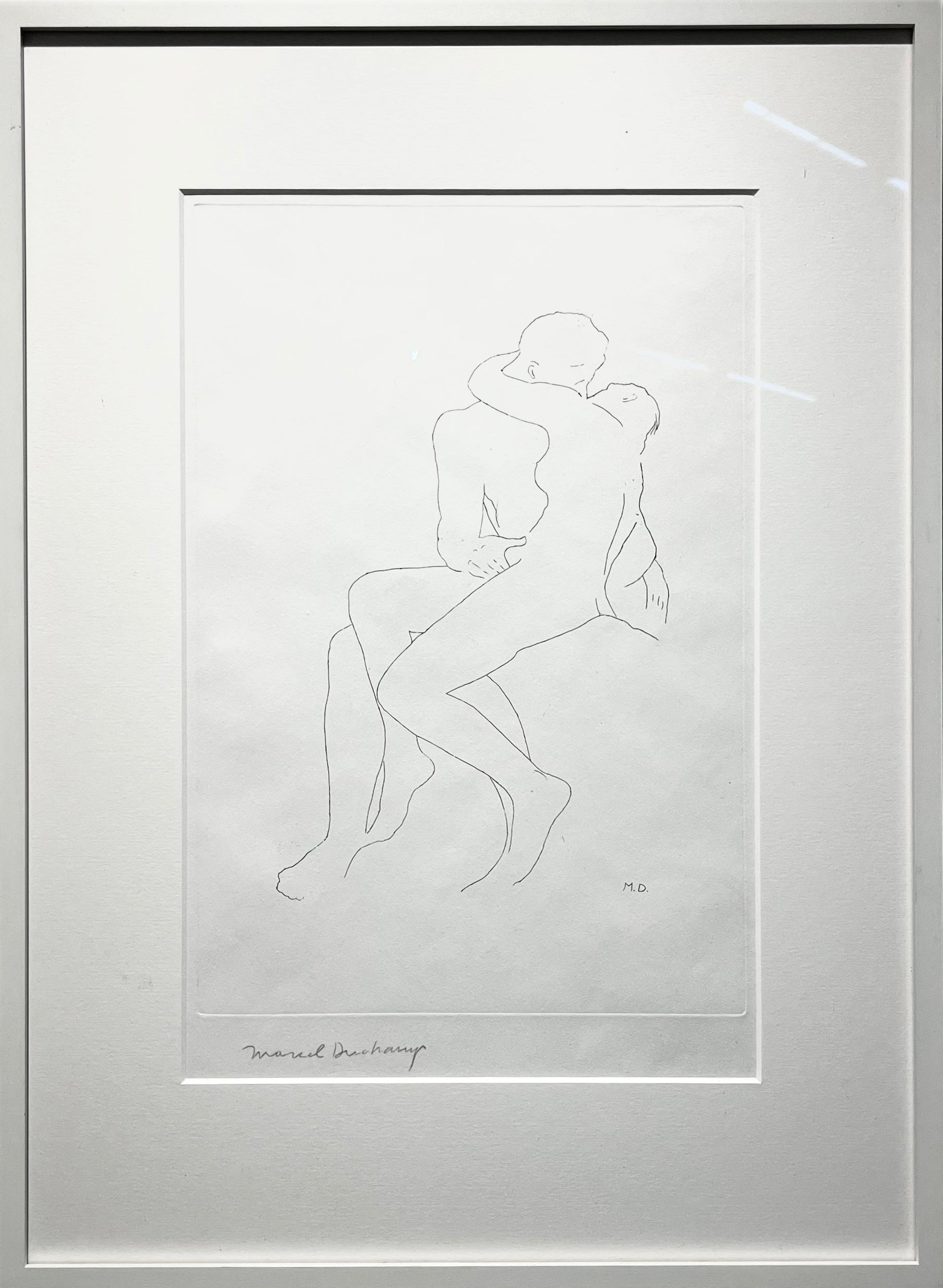 Selected details after Rodin (1967) by Marcel Duchamp – A close-up of a signed etching, showing detailed line work. The composition is a reimagined version of Rodin's sculptures, illustrating Duchamp’s ability to deconstruct and transform traditional representations in art.