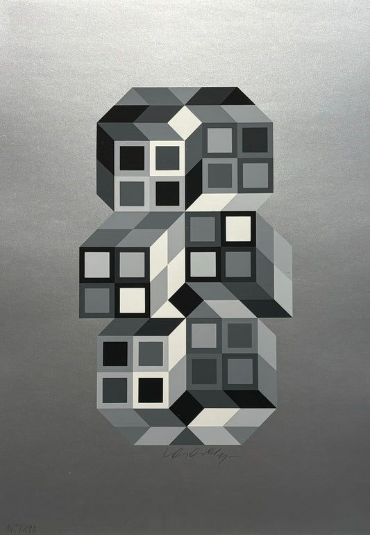 Composition Silver (1980) by Victor Vasarely – A signed and unframed screenprint, showcasing the artist's signature geometric forms in silver tones. The work exemplifies Vasarely's ability to create optical effects through precise patterns and contrast, drawing the viewer’s eye across the surface.